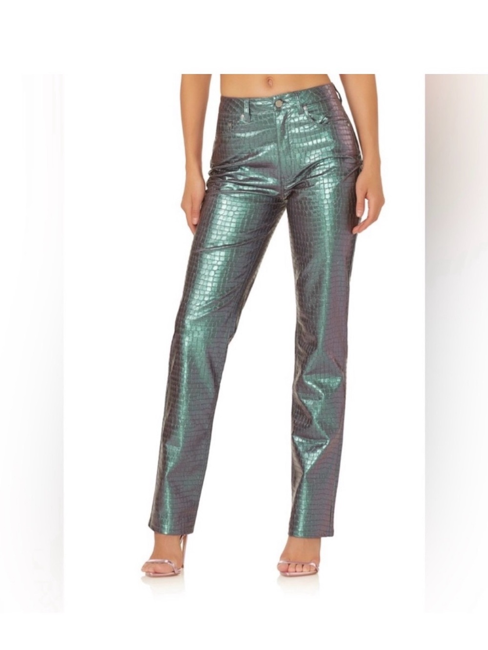 AFRM Iridescent Green Croc-Embossed Straight Pants